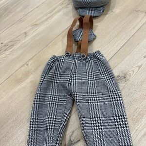 Plaid Suspender Pants with Cap